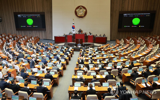 28일 국회 본회의에서 이른바 '쌍특검법'이 가결되고 있다. 연합뉴스